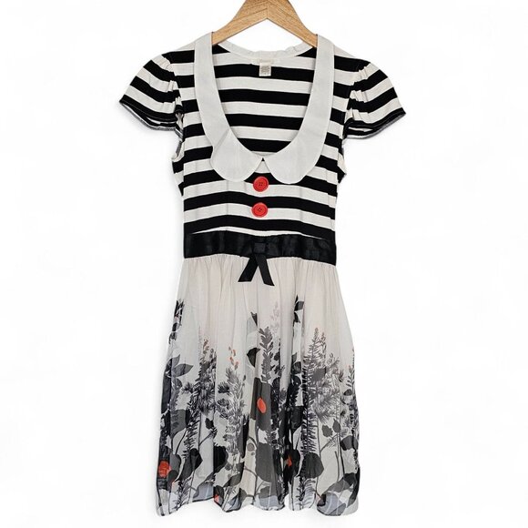 Q Couture Silk Dress Black White Floral Striped Size S Coquette Schoolgirl Doll - Picture 1 of 15